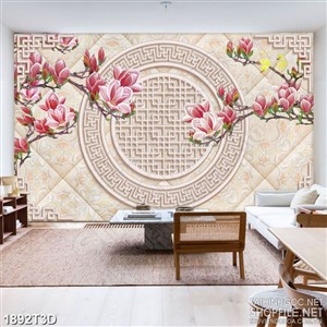 Tranh 3d treo tường cành hoa mộc lan đỏ trên nền vàng