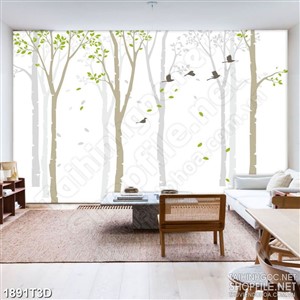 Tranh 3d  trang trí đàn chim hót vang trong rừng cây xanh