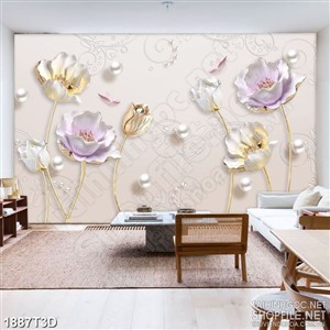 Tranh 3d  trang trí những bông hoa khoe sắc bên đàn bướm