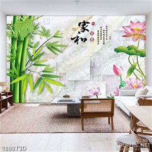 Tranh 3d dán tường bụi tre xanh và hoa sen bên hồ nước