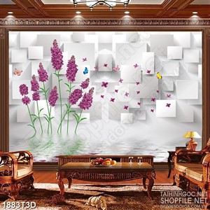 Tranh 3d  trang trí đàn bướm bay lượn bên hoa tím trên hồ