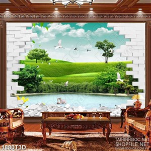 Tranh 3d treo tường đàn cò sãi cánh bay trên đồng cỏ