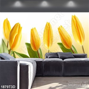 Tranh 3d  trang trí những bông hoa tulip vàng khoe sắc