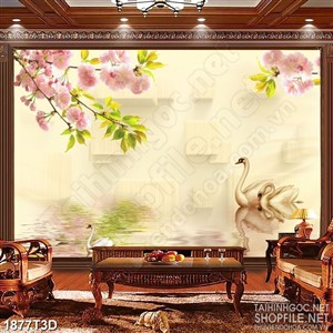 Tranh 3d nghệ thuật cành hoa đào trên hồ và đôi thiên nga