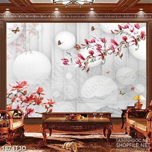 Tranh 3d dán tường cành hoa mộc lan hồngvà đàn bướm