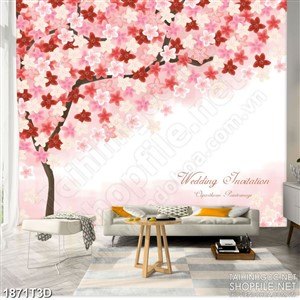 Tranh 3d  trang trí cây hoa nở rộ khoe sắc hồng đỏ psd