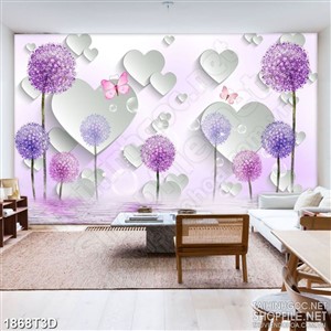 Tranh 3d treo tường đàn bướm hồng và hoa bồ công anh