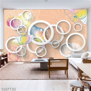Tranh 3d  trang trí bông hoa phù du bên những hình tròn