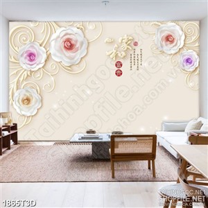 Tranh 3d nghệ thuật những bông hoa hồng bên chữ hán