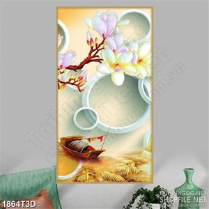 Tranh 3d treo tường cành mộc lan và con đò trên sông