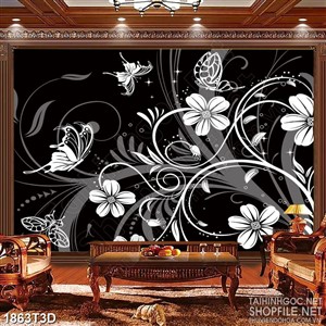 Tranh 3d  trang trí đàn bướm trắng bay lượn bên bông hoa