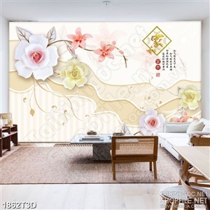 Tranh 3d dán tường những bông hoa màu hồng và vàng