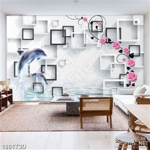 Tranh 3d nghệ thuật hoa hồng và cá heo trên mặt nước