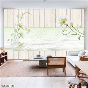 Tranh 3d  trang trí cành hoa ly trắng trên mặt hồ nước