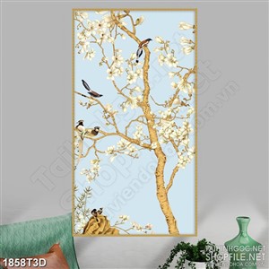 Tranh 3d dán tường đàn chim đậu trên cây hoa mộc lan