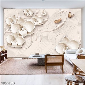 Tranh 3d dán tường cành hoa trắng đính ngọc trai lấp lánh