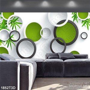 Tranh 3d treo tường lá tre xanh dưới những ô hình tròn