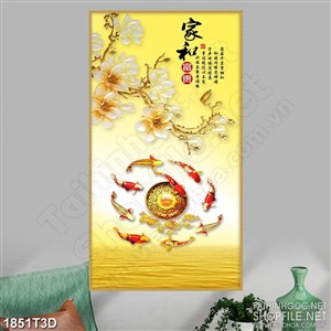 Tranh 3d  trang trí cành hoa mộc lan trên hồ cá chép psd