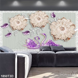 Tranh 3d dán tường cành hoa trên hồ và đôi thiên nga tím