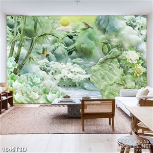 Tranh 3d nghệ thuật hoa sen và mẫu đơn trên nền giả ngọc