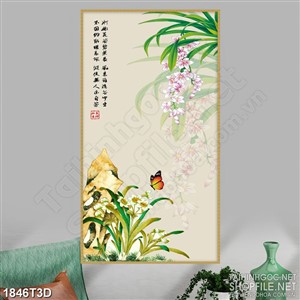 Tranh 3d dán tường hoa phong lan bên chú bướm vàng