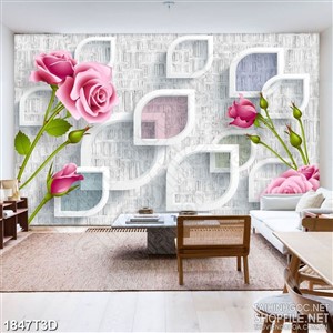 Tranh 3d  trang trí cành hoa hồng nhung trên nên xám