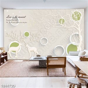 Tranh 3d treo tường hai chú huơu trắng trong khu rừng