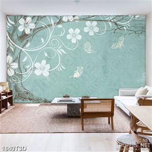 Tranh 3d treo tường nhiều bông hoa trắng dưới gốc cây