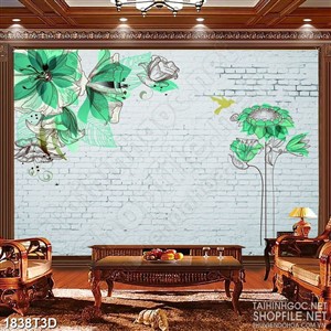 Tranh 3d dán tường nhưng bông hoa phù du màu xanh