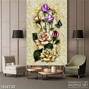 Tranh 3d treo tường hoa hồng dáp vàng bên bướm xanh