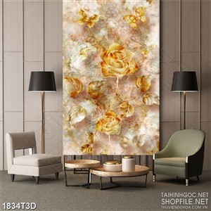 Tranh 3d dán tường bông hồng bên đàn bướm dáp vàng
