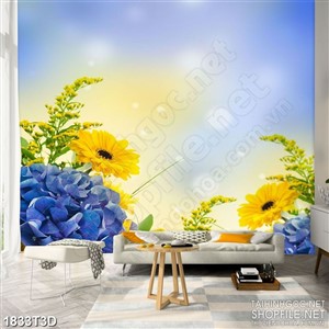 Tranh 3d nghệ thuật hoa đồng tiền vàng bên hoa tú cầu