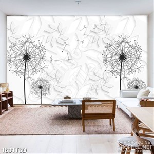 Tranh 3d  trang trí bồ công anh màu đen trắng đơn điệu