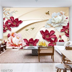 Tranh 3d treo tường đàn chim én và mẫu đơn giả ngọc