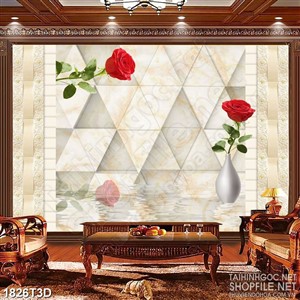Tranh 3d dán tường bình hoa hồng nhung trên mặt nước