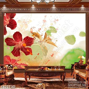 Tranh 3d  trang trí bông hoa sắc đỏ bên chiếc lá xanh