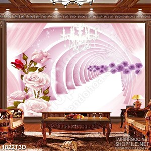 Tranh 3d dán tường những bông hoa hồng bên rèm cửa