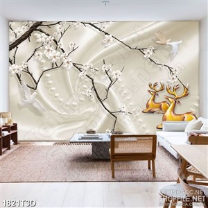 Tranh 3d nghệ thuật cây anh đào trắng bên hai chú huơu