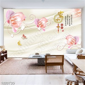 Tranh 3d treo tường đàn bướm vàng bên những bông hoa