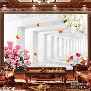 Tranh 3d  trang trí đàn bướm vàng bên hoa hồng trắng