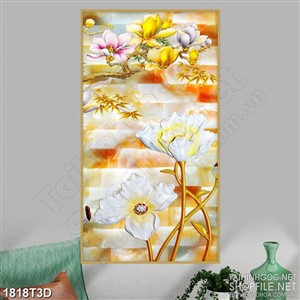 Tranh 3d dán tường hoa mộc lan thân dáp vàng lấp lánh