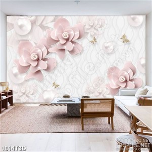Tranh 3d dán tường bông hoa giả ngọc bên đàn bướm vàng