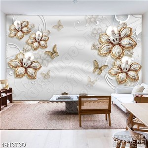 Tranh 3d nghệ thuật những bông hoa bên đàn bướm dáp vàng