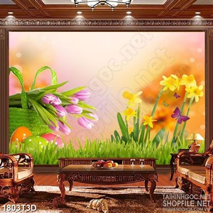 Tranh 3d  trang trí giỏ hoa tulip tím trên đồng cỏ xanh