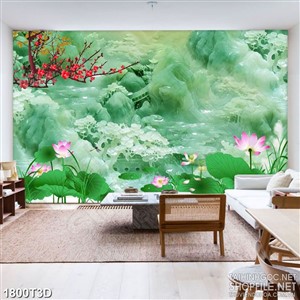 Tranh 3d treo tường đầm hoa sen bên nền giả ngọc bích