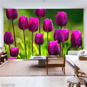 Tranh 3d dán tường cánh đồng hoa tulip tím mộng mơ