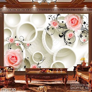Tranh 3d  trang trí bông hoa hồng nhung và nền hình tròn