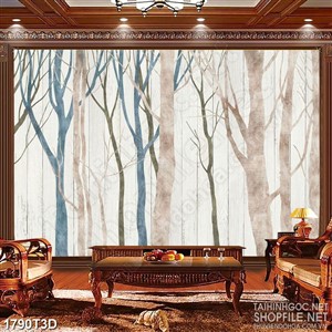 Tranh 3d dán tường khu rừng trọc lá khô cằn trên nền xám