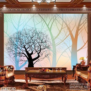 Tranh 3d  trang trí cây cổ thụ trong rừng già trọc lá xanh