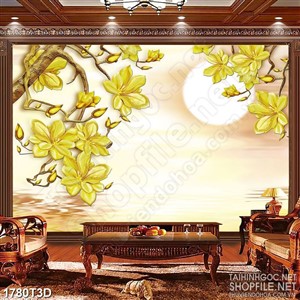 Tranh 3d treo tường cành hoa mộc lan màu vàng bên trăng